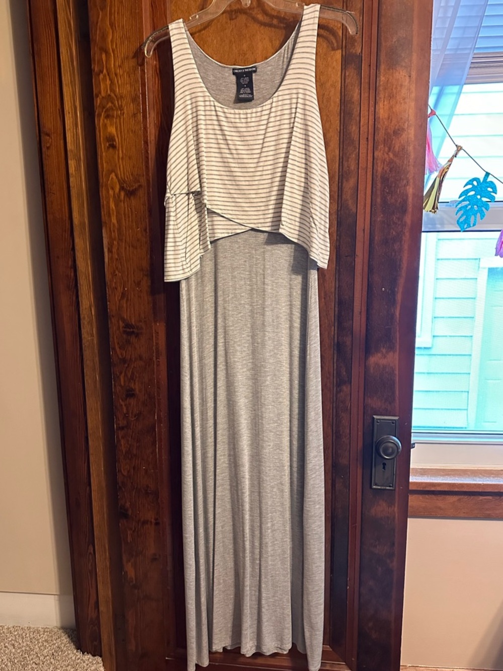 Chelsea & Theodore Gray and White Striped Layered Maxi Dress